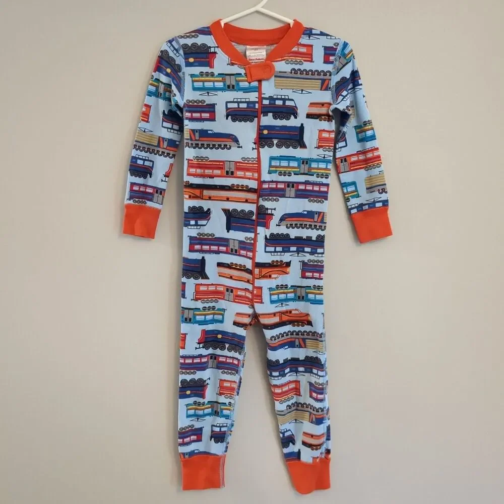 Hanna Andersson Blue Orange Train Organic Cotton Pajamas Sleeper - Boys 90 3T